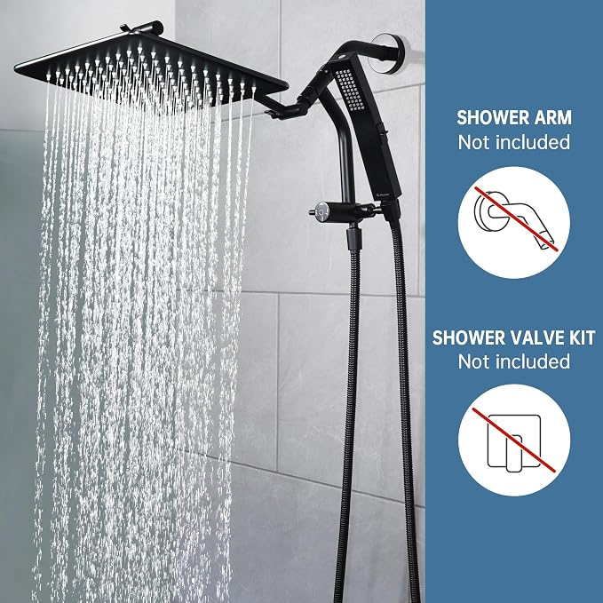 G-Promise 12 Inch All Metal Rain Shower Head with Handheld (Matte Black) | Full Body Coverage, Pause Mode Diverter, Power Wash Mode Handheld, Suits Every Height, Easy to Install, Modern Bath Upgrade