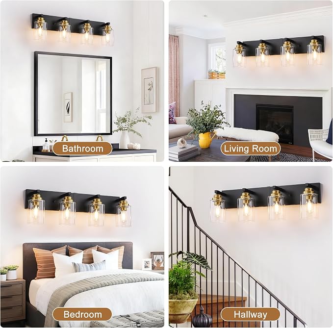 4-Light Black and Gold Bathroom Vanity Light, Clear Glass Shade | 27.5" Wall Mount Over Mirror Lighting Fixtures, Brushed Gold Finish, Durable Metal, Modern Farmhouse Style, for Bathroom