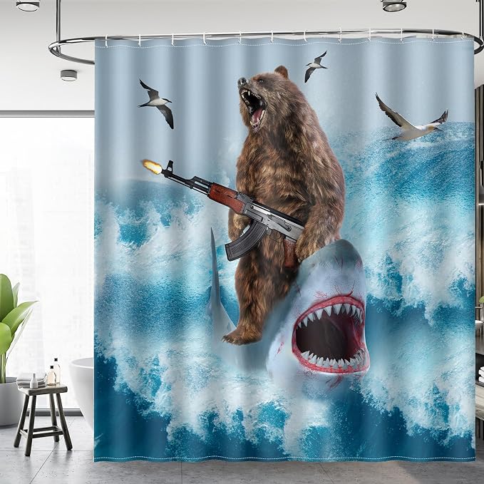 Funny Shark Bear Shower Curtain - Fun Bear Riding Shark in Ocean Wave Cool Shower Curtains Set with 12 Hooks for Adults Wild Bathroom Decor Accessories, 72"x72", Blue Brown