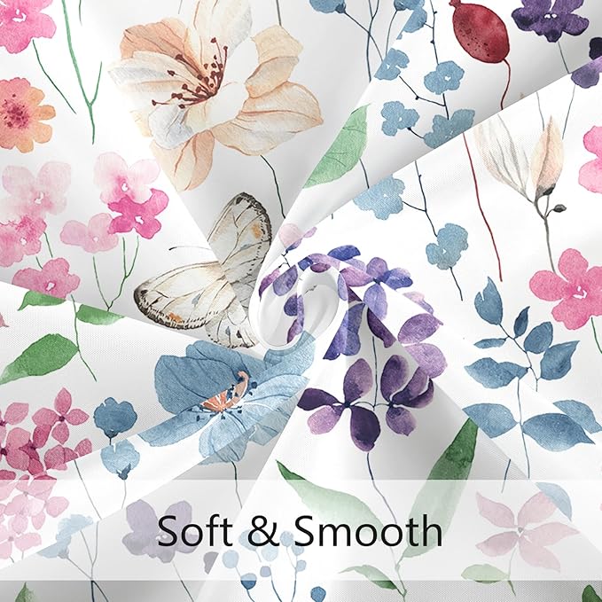 Extra Long Shower Curtain 72 x 96 Inch, Floor to Ceiling X-Long Colorful Floral Shower Curtain, Pink Green Blue Flower Butterfly Fabric Shower Curtain Set with Hooks