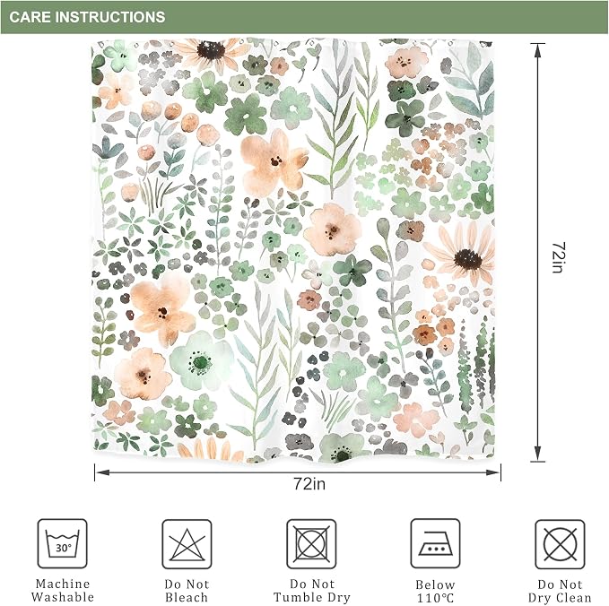 Green Gray Floral Colorful Cute Wildflower Boho Bathroom Shower Curtain Set | 72"W x 72"H Watercolor Funky; waterproof HD print, quick-dry fabric with 12 hooks for easy hanging.