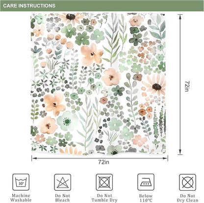 Green Gray Floral Colorful Cute Wildflower Boho Bathroom Shower Curtain Set | 72"W x 72"H Watercolor Funky; waterproof HD print, quick-dry fabric with 12 hooks for easy hanging.