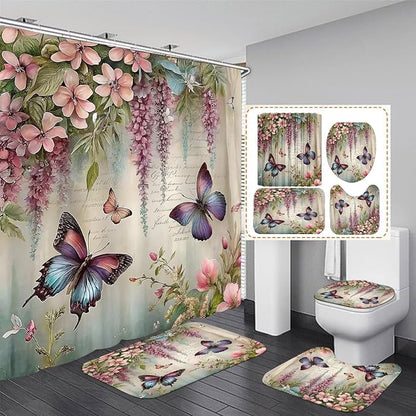 Chrainy 4pcs Spring Butterfly Shower Cutain Set Bathroom Decor with Rugs | Bath Accessories with Waterproof Curtain, Bath Mat, Toilet Lid Cover, U-Shaped Rug and 12 Hooks for Washroom, 71*71in