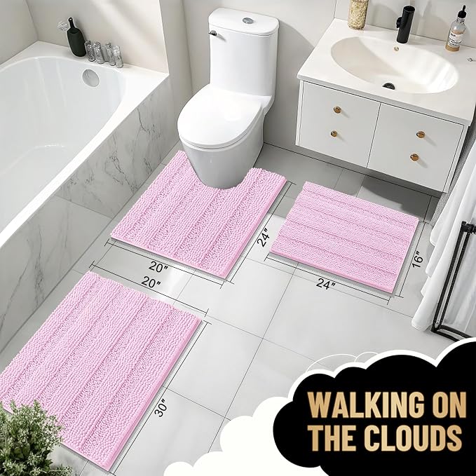 OLANLY Thick Bathroom Rugs 30x20, Soft Chenille Striped Bath Rugs, Pink | Rubber Backing, Machine Wash, Extra Absorbent Bath Mats for Bathroom Floor, Tub and Shower, Home Decor Accessories