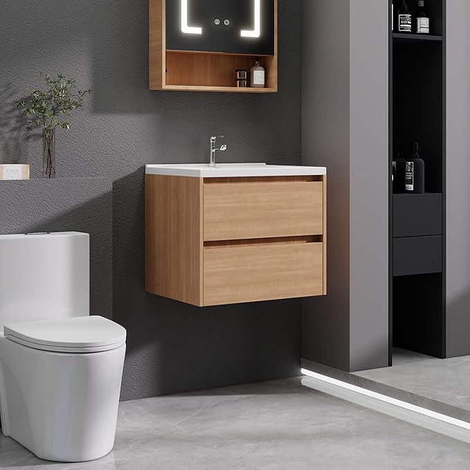 Wood Grain Floating Bathroom Vanity with Sink, 23x18 Inch Wall Mounted Bathroom Cabinet with 2 Drawers, Modern Single Sink Vanity for Small Bathroom, Space-Saving Storage Cabinet
