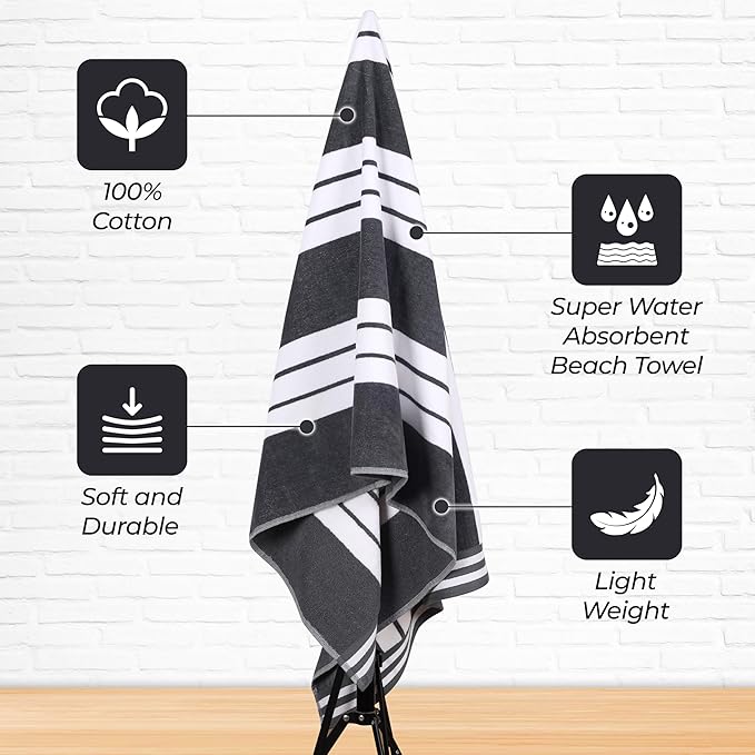 Superior Oversized Cotton Beach Towel Set of 4, Absorbent Towels For Bathroom, Beach, Pool, Swim, Adults, Kids, Vacation, Travel, Bath Sheet, Quick Dry Basics, Trip Essentials, Striped Decor, Charcoal