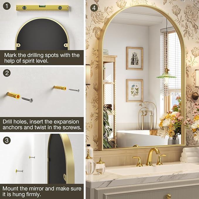 Brightify Arched Mirror, 22 x 30 Inch Gold Arch Mirror, Metal Frame Gold Arched Wall Mirror, Arched Top Bathroom Vanity Mirror for Living Room Bedroom Mantel Entryway Hallways