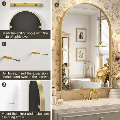 Brightify Gold Arched Mirror, 24 x 42 Inch Arched Bathroom Mirror, Brass Metal Frame Bathroom Mirror, Arch Top Wall Vanity Mirrors for Living Room Bedroom Mantel Entryway Hallways