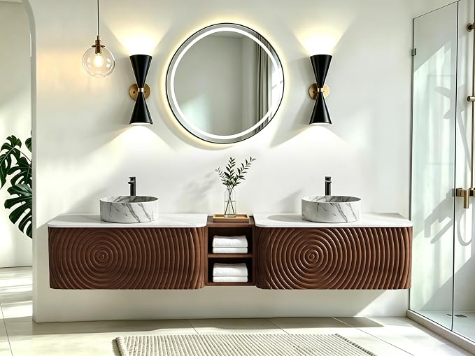 84" Floating Bathroom Vanity with Double Sink, Mid-Century Wall Mounted Bathroom Vanity Cabinet with Wood Waved Decor, Marble Ceramic Basin, Sintered Stone Top, Soft Close Drawer, Side Open Cube