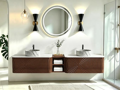 84" Floating Bathroom Vanity with Double Sink, Mid-Century Wall Mounted Bathroom Vanity Cabinet with Wood Waved Decor, Marble Ceramic Basin, Sintered Stone Top, Soft Close Drawer, Side Open Cube