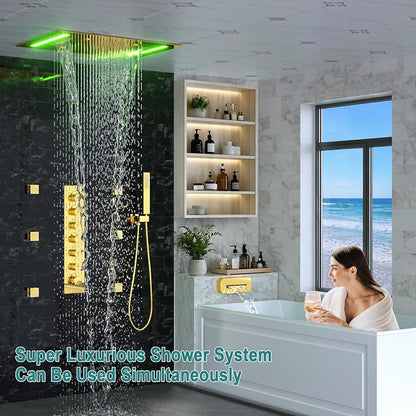 HOMEDEC LED Thermostatic Shower System with 6 Body Jets, 14x20" Shower Head | 3 Spray Modes: Rainfall, Mist and Waterfall; Up/Down Shower Spout; Handheld Shower; 6-Way Solid Brass Valve; Gold Finish