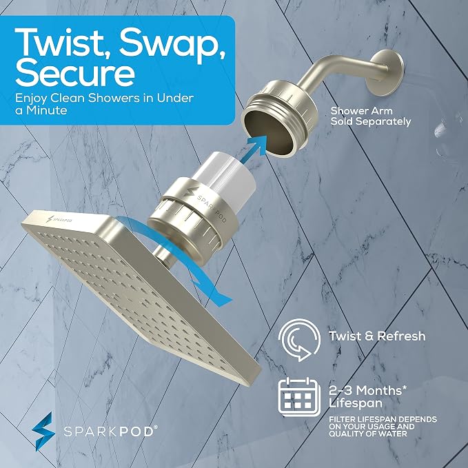 SparkPod Filtered Shower Head, 23-Stage, 8" Square, Brushed Nickel | Showerhead for Hard Water, High Pressure, Reduces Chlorine, Heavy Metals, For Dry Skin & Hair, Removable Capsule Filter