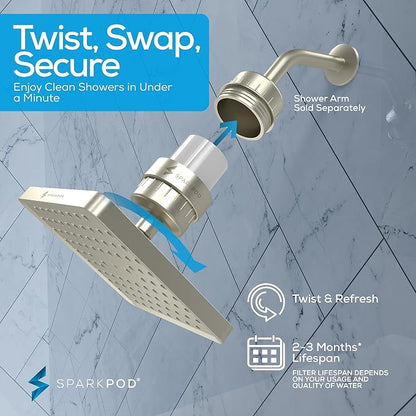 SparkPod Filtered Shower Head, 23-Stage, 8" Square, Brushed Nickel | Showerhead for Hard Water, High Pressure, Reduces Chlorine, Heavy Metals, For Dry Skin & Hair, Removable Capsule Filter