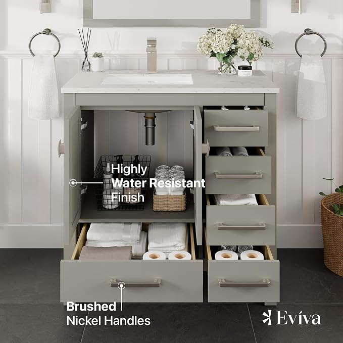 Eviva London 38 Inch Bathroom Vanity in Grey with Quartz Countertop and Porcelain Sink - 38" Single Sink Bathroom Vanity - 38 in Bathroom Vanities & Modern Bathroom Sink Cabinet for Storage and Style