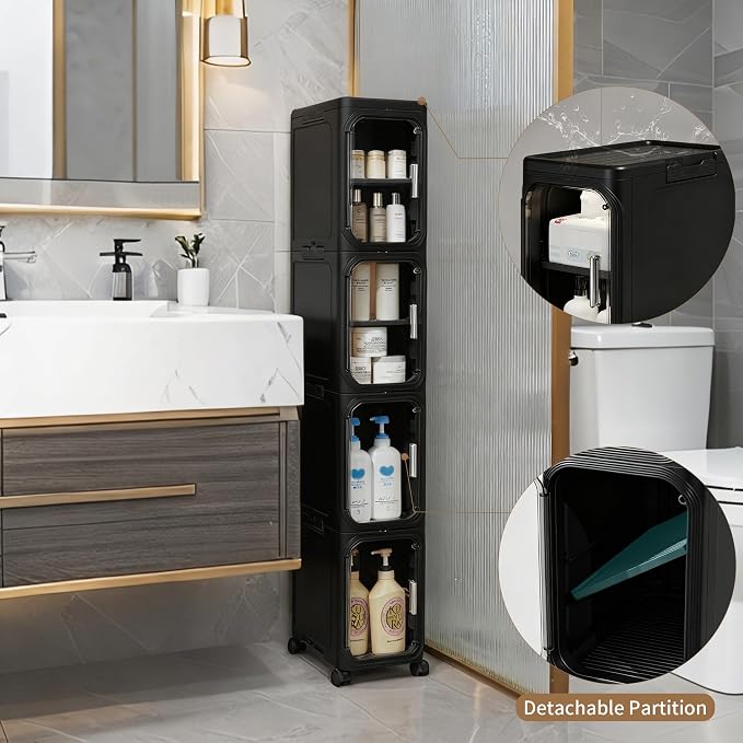 LXLXXL 5-Tier Narrow Storage Cabinet Slim Bathroom Tall Skinny Organizer | Movable Slim Storage Cabinet with Lockable Rolling Wheels Adjustable Detachable Shelves Snap Assembly for Small Spaces,Black