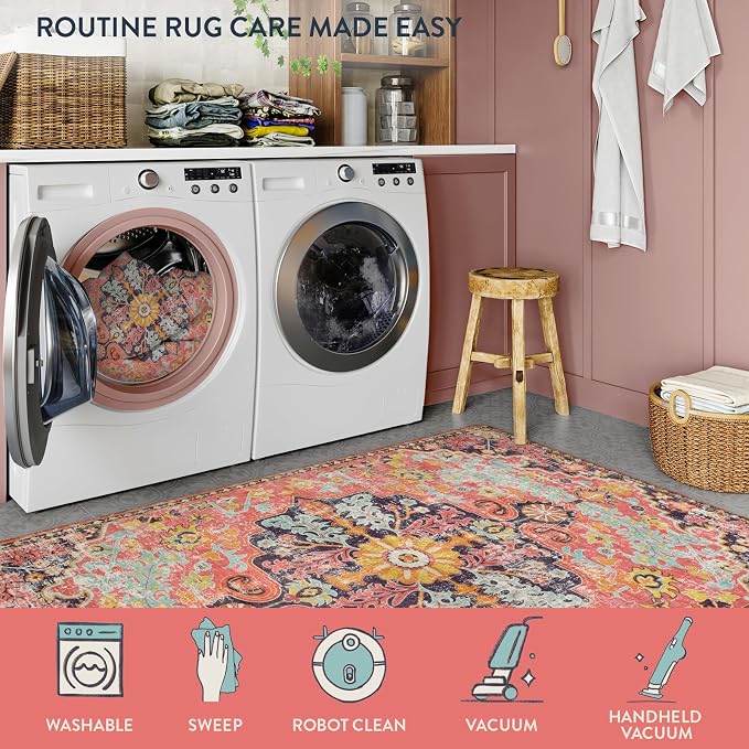 Lahome Bohemian Floral Medallion Round Rug - 4Ft Hot Pink Soft Round Area Rug Bedroom Kitchen Mat, Turkish Washable Indoor Floor Accent Bathroom Carpet for Nursery Living Room Home Office Hallway