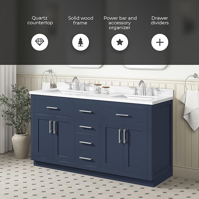 OVE Decors Bailey 60 in. Double Sink Freestanding Midnight Blue Bathroom Vanity with White Quartz Top, Matching Backsplash and Power Bar