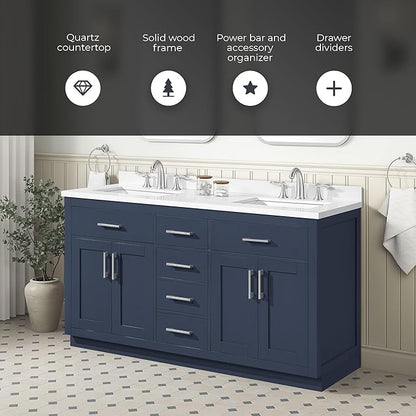 OVE Decors Bailey 60 in. Double Sink Freestanding Midnight Blue Bathroom Vanity with White Quartz Top, Matching Backsplash and Power Bar