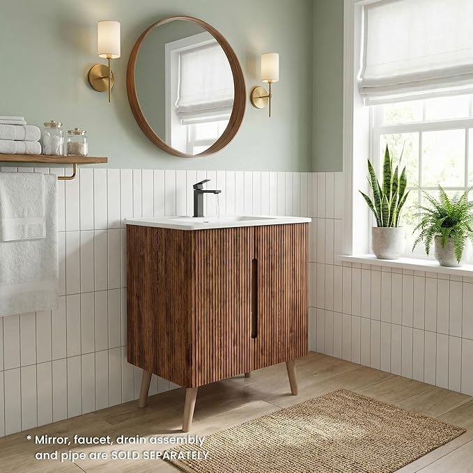30" Modern Bathroom Vanity with Sink, Mid Century Modern Walnut Bathroom Cabinet with 2 Soft Close Doors, Large Storage with Shelf for Small Space, Apartment & Hotel Style