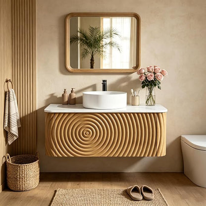 36" Floating Bathroom Vanity with Sink, Mid-Century Wall Mounted Bathroom Vanity Cabinet with Waved Decor, Ceramic Vessel Basin, Sintered Stone Top, Soft Close Storage Drawer, Natural