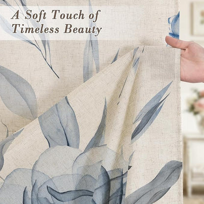 Litabel Farmhouse Blue Floral Linen Shower Curtain, Boho Vintage Spring Cotton Shower Curtains for Chic Elegant Bathroom Decor, Ink Painting Style Blossom Fabric Bath Curtain, 72 x 72