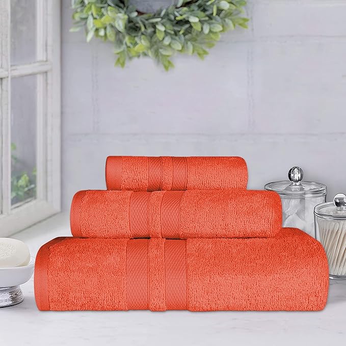SUPERIOR Ultra-Soft 3-Piece Cotton Towel Set, Daily Use for Bathroom, Guest Room, Quick Dry, Set Includes 1 Bath Towel, 1 Hand Towel, and 1 Washcloth, Essential Plush Towels for Home - Tangerine
