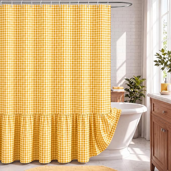 HunnmingRe Ruffle Hem Gingham Shower Curtain Yellow | 72'' x 72'' Vintage Farmhouse Curtain, Cotton Cottage Core Rural Checkered Plaid Decor, Fall Shower Curtain for Bathroom