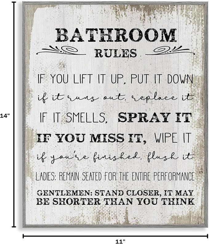 Rustic Bathroom Rules Humor, 11 x 14 Inch Framed Giclée Print