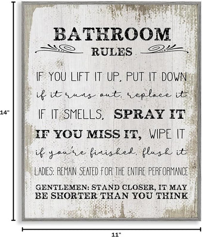 Rustic Bathroom Rules Humor, 11 x 14 Inch Framed Giclée Print