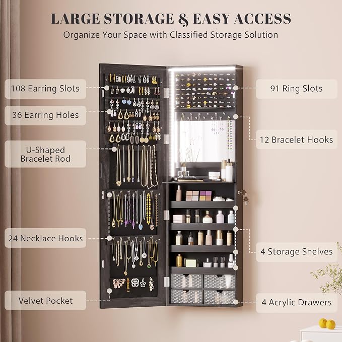 Vlsrka 47.2" Jewelry Armoire Organizer, Wall/Door Mounted Jewelry Cabinet | Built-in LED Mirror, Large Lockable Hanging Full Length Mirror with Jewelry Storage, 4 Drawers, 5 Shelves for Women, Black