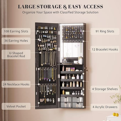 Vlsrka 47.2" Jewelry Armoire Organizer, Wall/Door Mounted Jewelry Cabinet | Built-in LED Mirror, Large Lockable Hanging Full Length Mirror with Jewelry Storage, 4 Drawers, 5 Shelves for Women, Black