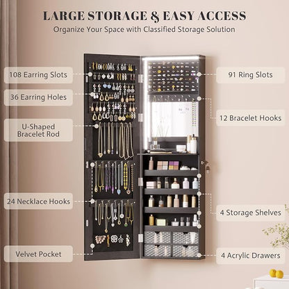 47.2" LED Jewelry Mirror Cabinet, Wall/Door Mounted Jewelry Armoire Organizer with Full Length Mirror, Large Storage Hanging Cabinet, 4 Drawers, 5 Shelves, Built-in Lighted Mirror (Black)