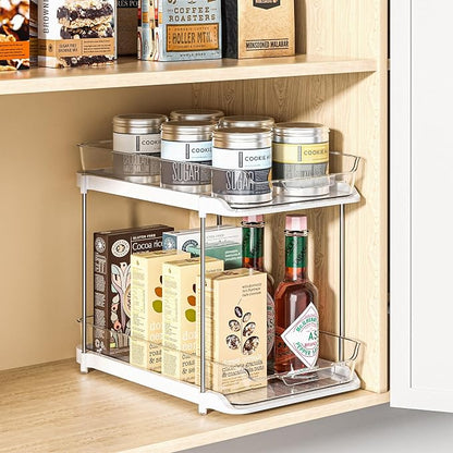 Delamu 2-Tier Multi-Purpose Bathroom Under Sink Organizers and Storage, Stackable Kitchen Pantry Organization, Pull Out Medicine Cabinet Organizer with Movable Dividers, White, 1 Pack