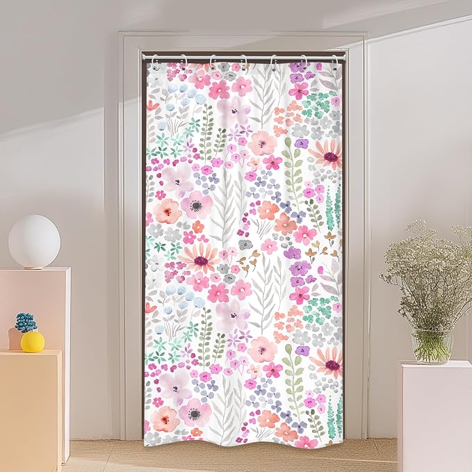 Small Stall Narrow Purple Floral Stand Up Half Bathroom Shower Curtain Set | 72"W x 72"H Single Flowers; waterproof HD print, quick-dry fabric with 12 hooks for easy hanging.