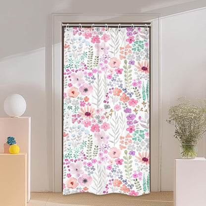 Small Stall Narrow Purple Floral Stand Up Half Bathroom Shower Curtain Set | 72"W x 72"H Single Flowers; waterproof HD print, quick-dry fabric with 12 hooks for easy hanging.