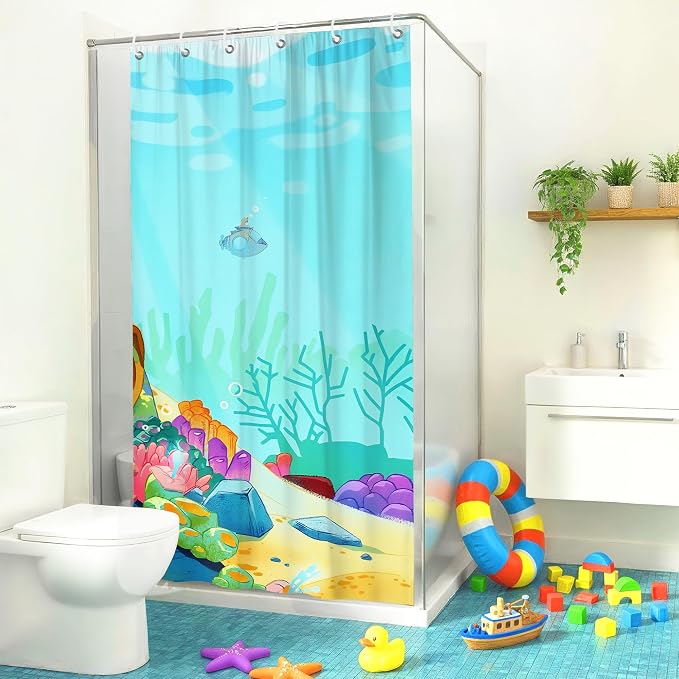 Cartoon Turquoise Underwater Coral Kids Shower Curtain Set 36x72 Inches | Cartoon Underwater Coral Print, Cute Beach Decor for Boys and Girls, Ideal for Kids Stall Bathroom & Housewarming Gift