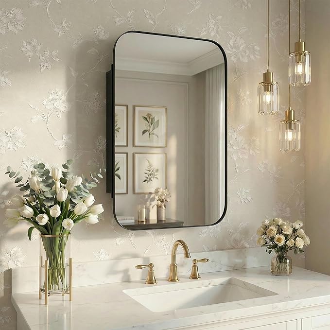 Casaphoria 36" H x 24" W Wall Medicine Cabinets Mirrors, Bathroom Medicine Cabinet with Mirror, Metal Frame Wall Mirror Cabinet, Black H