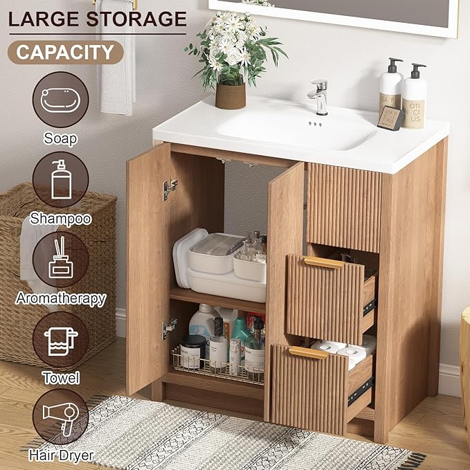 Bathroom Vanity with Sink, 32 Inch Single Bathroom Vanity with Sink with Storage Cabinet, 2 Drawers & 2 Doors, Solid Wood Storage Cabinet with Ceramic Basin for Bathroom, Nature Oak