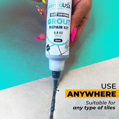 PentaUSA Premixed Tile Grout Repair Kit - Black (8.8oz / 250g) | Acrylic Sanded for Bathroom, Shower, and Kitchen Tile Repair, Water-Resistant Tube with Applicator, Fills Cracks and Gaps,