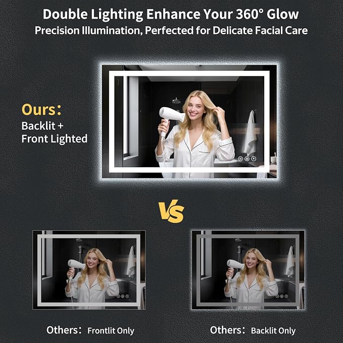 24"x50" LED Bathroom Mirror with Lights, Anti-Fog, Backlit+Frontlit | CRI 95, Stepless Dimmable, 3 Colors Lighting, Shatterproof Tempered Glass, HD Reflection, Memory, (Horizontal/Vertical)