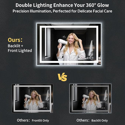 30"x48" LED Bathroom Mirror with Lights, Backlit+Frontlit, Anti-Fog | CRI 95, Stepless Dimmable, 3 Colors Lighting, Shatterproof Tempered Glass, HD Reflection, Memory, (Horizontal/Vertical)