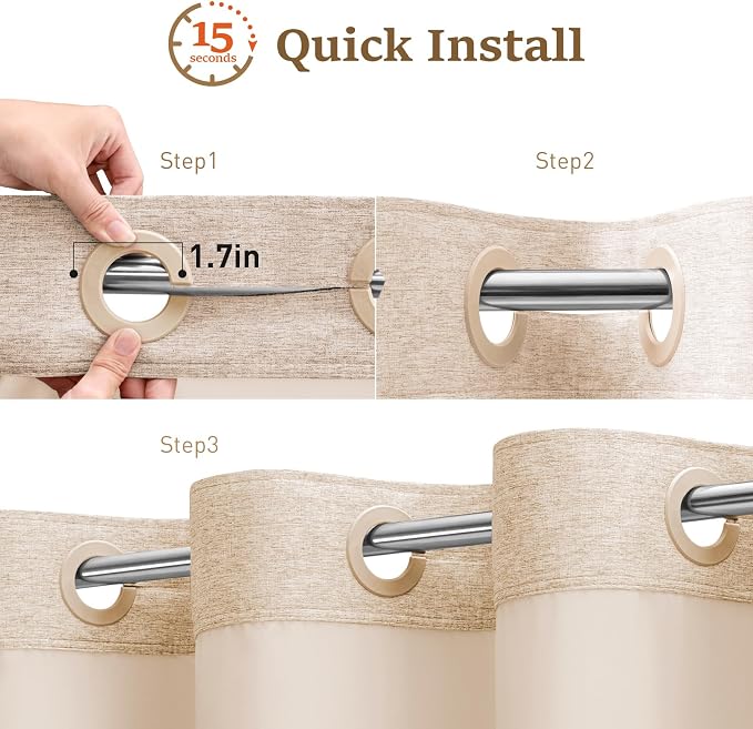 Tan Ringless Linen Textured Shower Curtain with Snap in Liner, 72x75 | 3 in 1 Hotel Shower Curtain Set, Removable Liner, Waterproof & Washable, Mesh Top Window, Durable Fabric, Easy to Install
