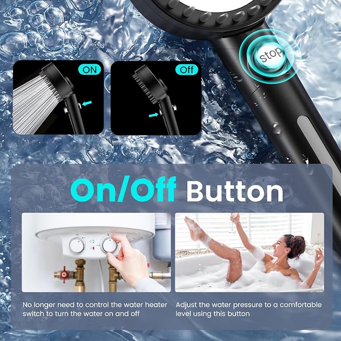 Filtered Shower Head with Handheld, High Pressure Showerhead with Filters | 4 Spray, ON/OFF Button for Pets, Detachable Shower Heads with Water Softener Filter Beads for Hard Water- Remove Chlorine