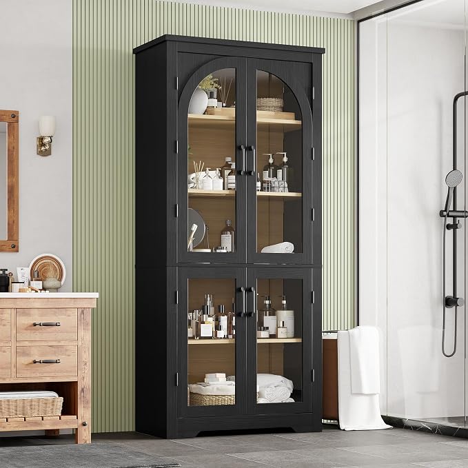 Garvee 70" Tall Kitchen Pantry Cabinet - Modern Display Cabinet with 4 Arched Glass Doors and Adjustable Shelves, Versatile Cupboard Organizers for Kitchen, Dining Room, Living Room, Bathroom, Black