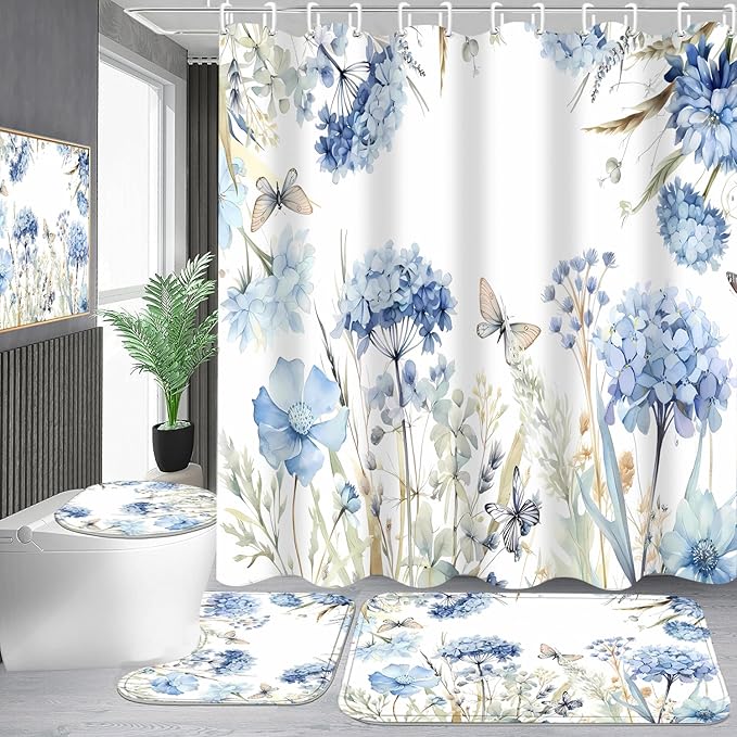 4-Piece Blue Floral Shower Curtain Butterfly Flowers Bathroom Set with Shower Curtain and Rugs, Blue White Bath Set with Hooks for Farmhouse Home Decor