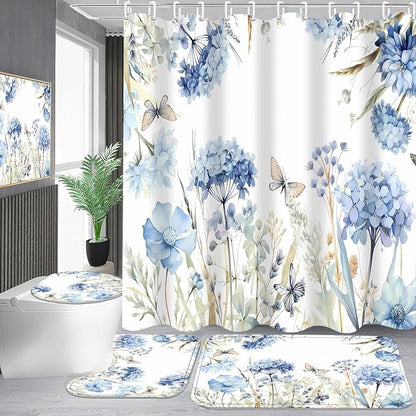 4-Piece Blue Floral Shower Curtain Butterfly Flowers Bathroom Set with Shower Curtain and Rugs, Blue White Bath Set with Hooks for Farmhouse Home Decor