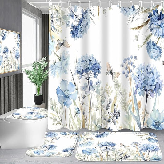 4-Piece Blue Floral Shower Curtain Butterfly Flowers Bathroom Set with Shower Curtain and Rugs, Blue White Bath Set with Hooks for Farmhouse Home Decor