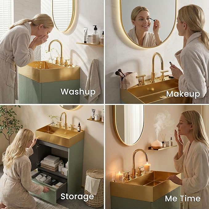 20 inch Bathroom Vanity with Golden Metal Sink, Bath Storage Cabinet with Soft-Closing Door and Drawer, Perfect for Small Space, Powder Room, Hotel, Mint Green
