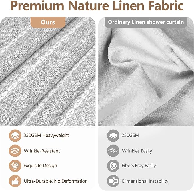 Seenus 72 x 84 inch Extra Long Boho Chic Shower Curtain Heavyweight with Tassels, Grey Linen Textured Fabric Farmhouse Shower Curtain, Elegant Gray & White Striped Bathroom Curtain Water Repellent
