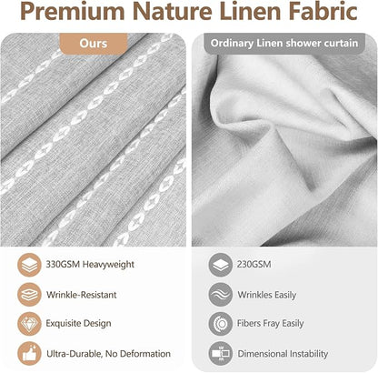 Seenus Boho Chic Shower Curtain Heavyweight with Tassels, Grey Linen Textured Soft Fabric Farmhouse Shower Curtain Water Repellent, 72 x 72 Inch Elegant Gray Striped Bathroom Curtain Wrinkle-Resistant